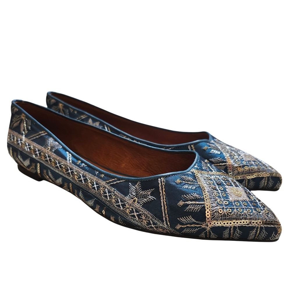 Sundance Embroidered Pointed Toe Flats EU 40‎ US 9/9.5 Blue Gold Sequin Spain